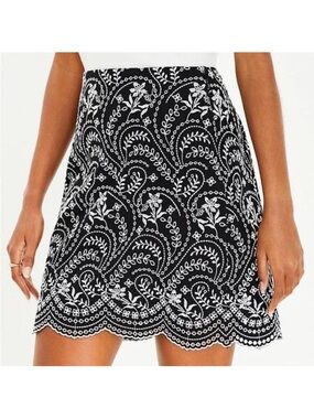 LOFT Black & White Embroidered A-Line Mini Skirt